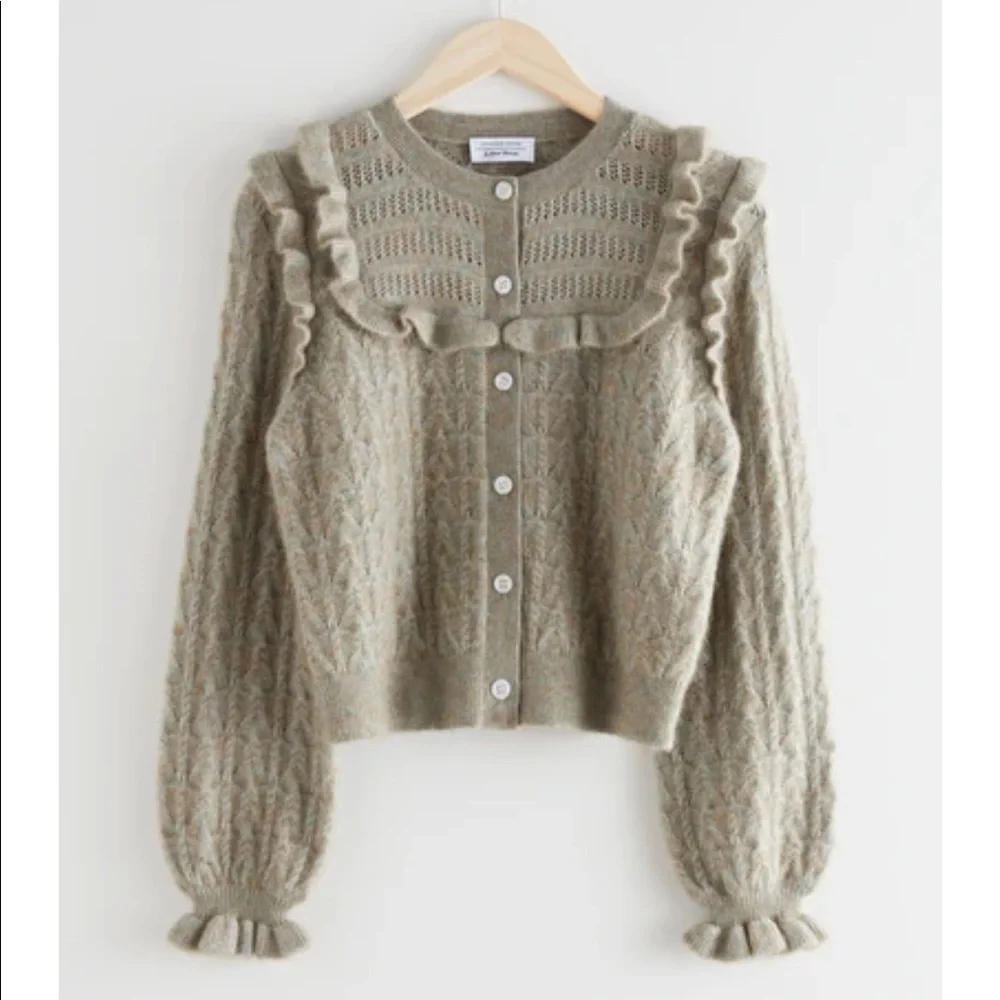 NWT Green Alpaca Mohair Cable Knit Ruffle Cardigan - Picture 1 of 7